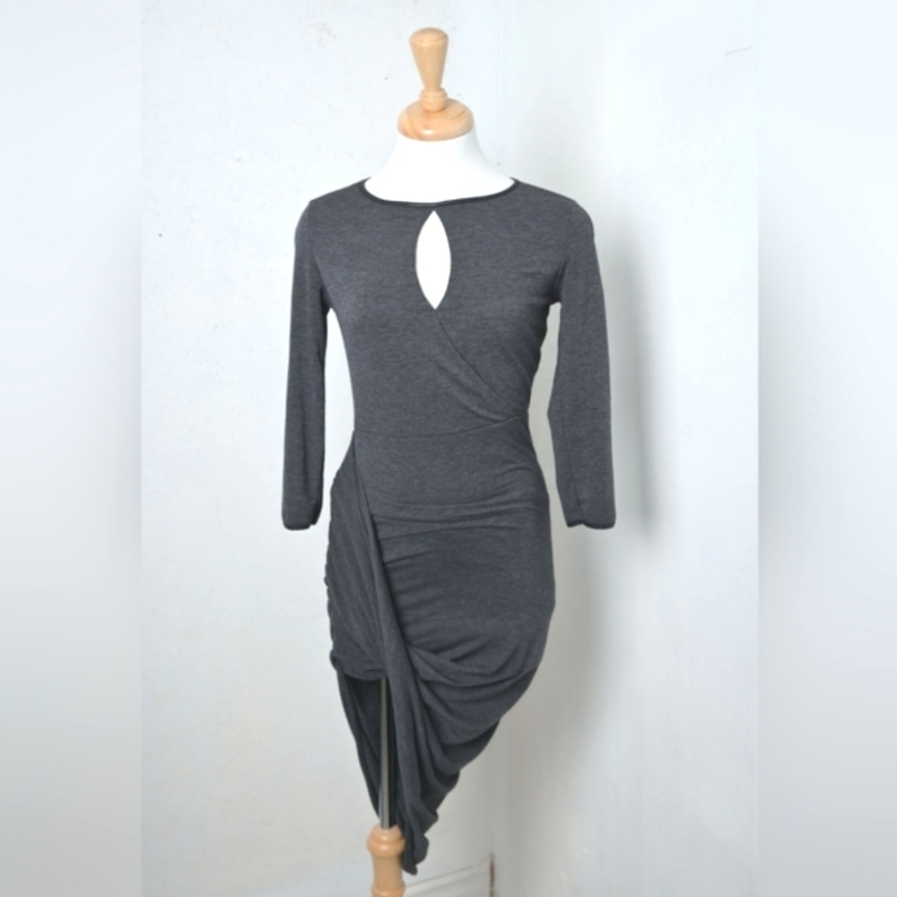 GUESS | Dark grey front key hole & black pleather trim draped style dress